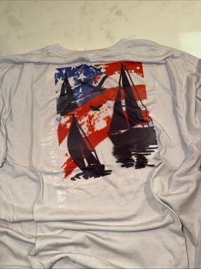 White Graphic Tee with American Flag and Sailboat Print